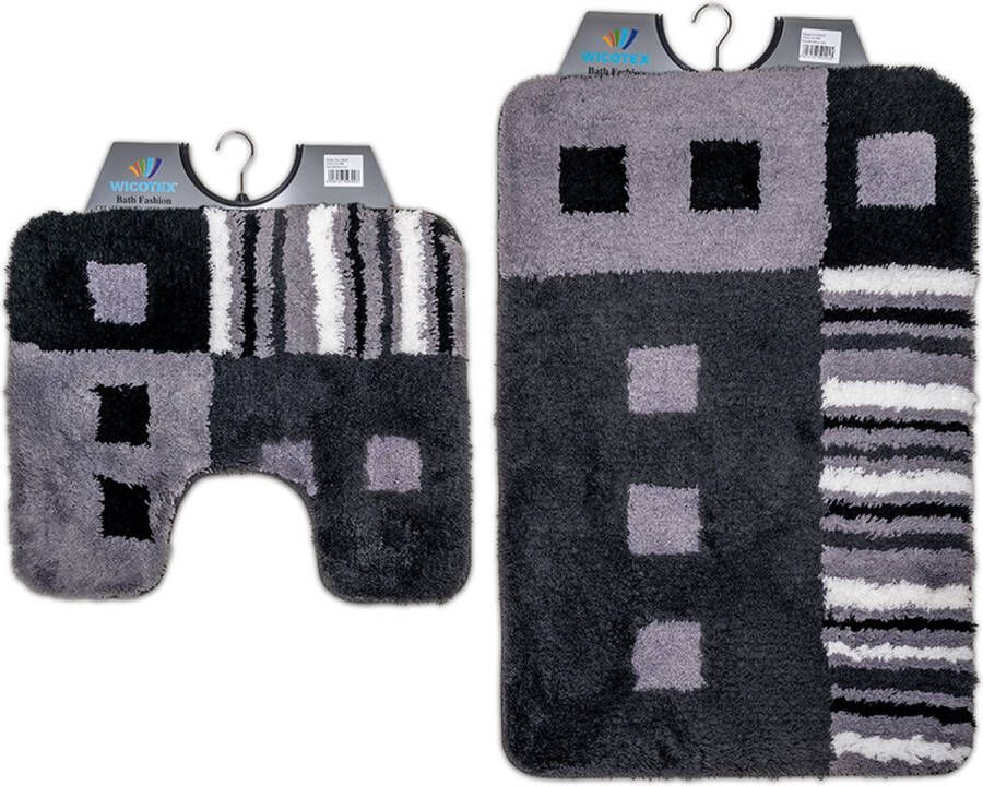 Wicotex -Badmat set met Toiletmat-WC mat-met uitsparing modern zwart grijs wit-Antislip onderkant