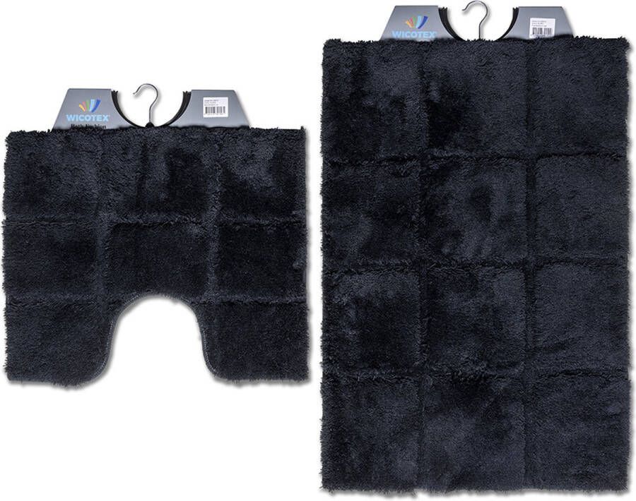 Wicotex -Badmat set met Toiletmat-WC mat-met uitsparing ruit zwart-Antislip onderkant