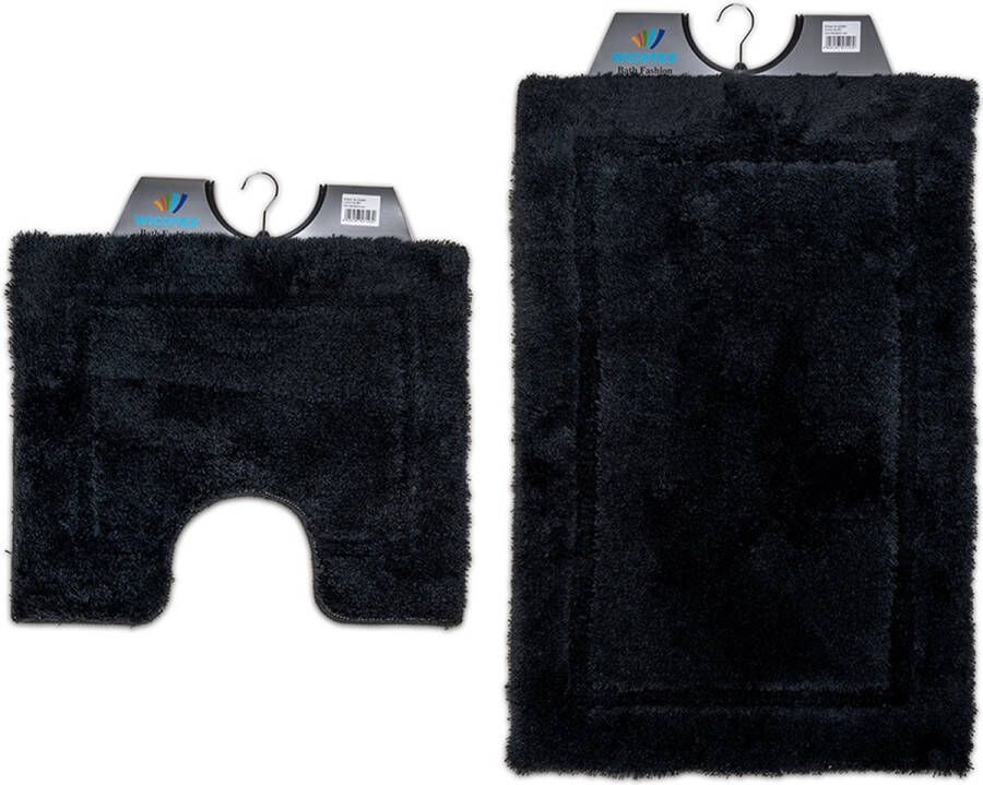Wicotex -Badmat set met Toiletmat-WC mat-met uitsparing zwart uni-Antislip onderkant