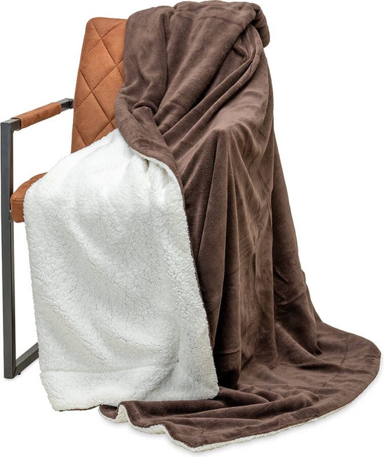 Wicotex -Plaid-deken-Fleece Plaid Espoo Bruin 200x240cm met witte Sherpa binnenkant-Zacht en warme Fleece deken Plaidfleece