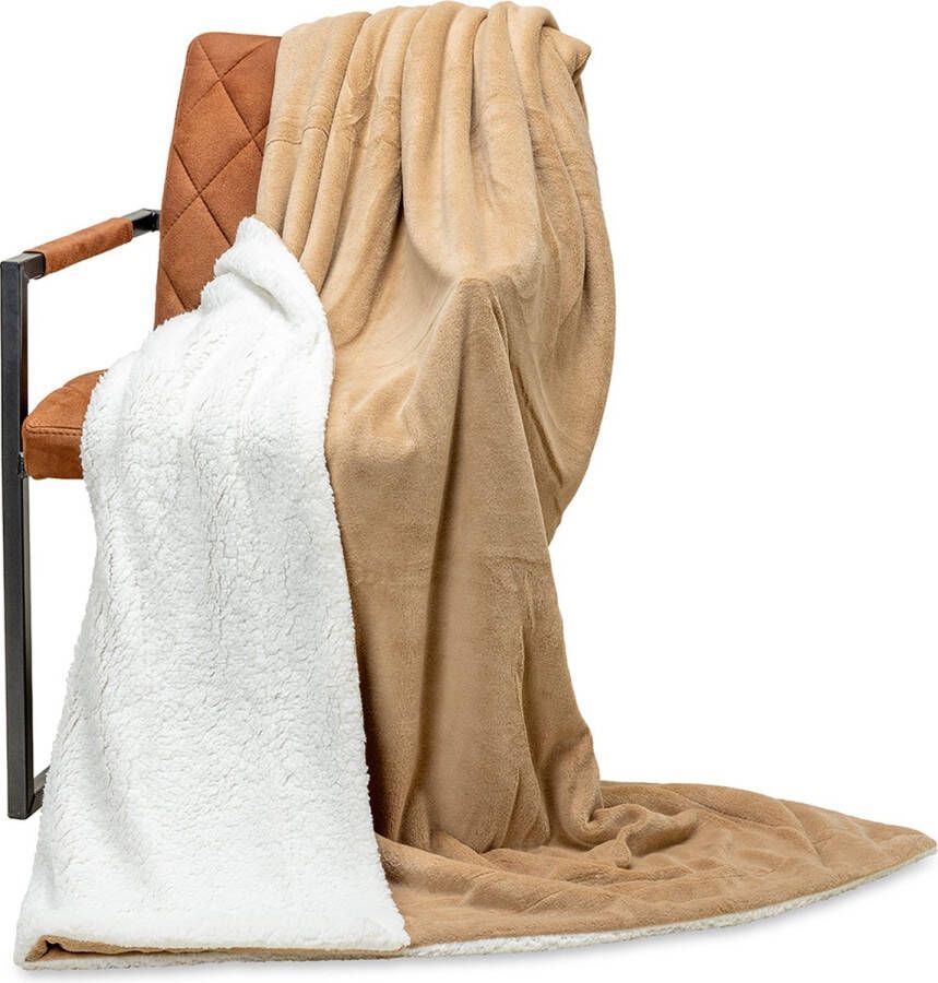 Wicotex -Plaid-deken-Fleece Plaid Espoo Camel 150x200cm met witte Sherpa binnenkant-Zacht en warme Fleece deken Plaidfleece