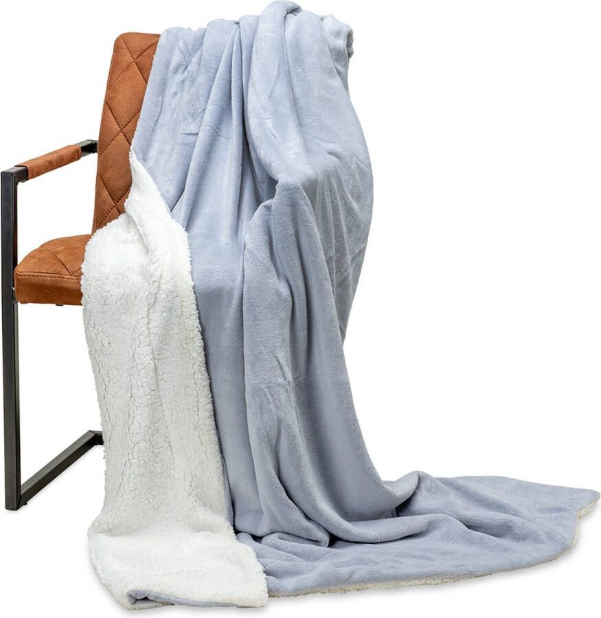 Wicotex -Plaid-deken-fleece plaid Espoo Grijs 150x200cm met witte sherpa binnenkant-Zacht en warme Fleece deken Plaidfleece