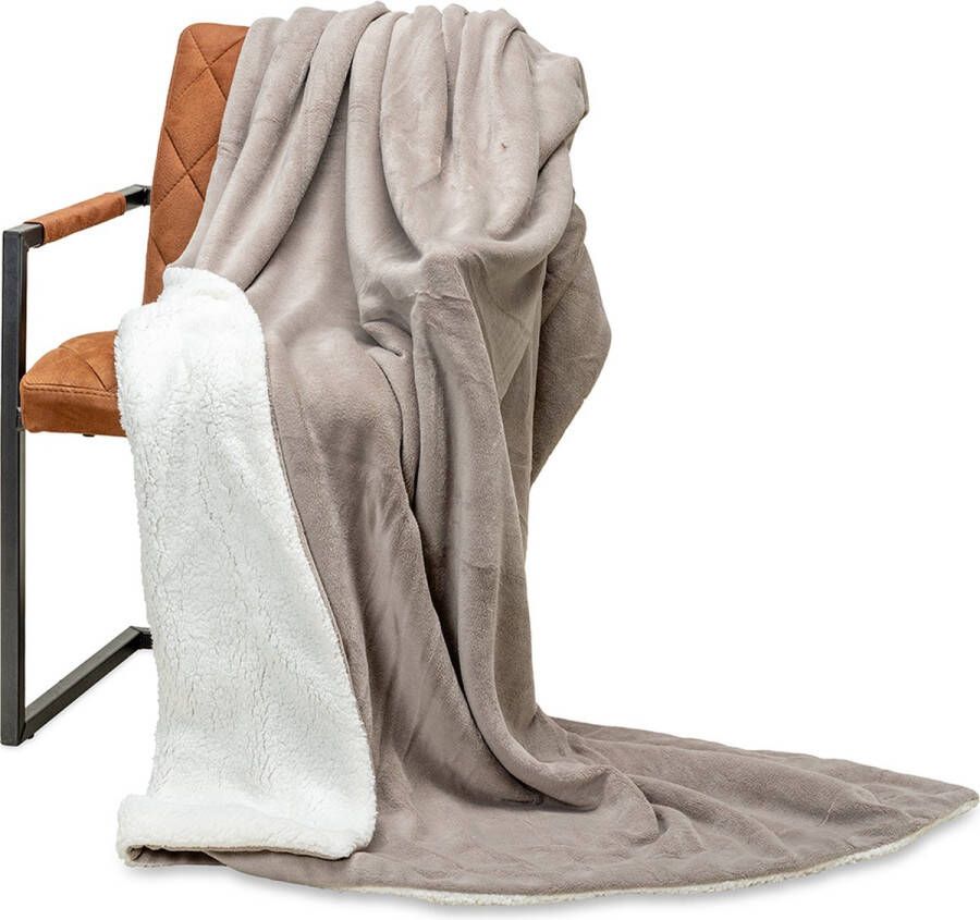 Wicotex -Plaid-deken-Fleece Plaid Espoo Taupe 150x200cm met witte Sherpa binnenkant-Zacht en warme Fleece deken Plaidfleece
