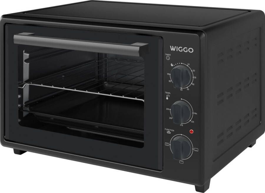 Wiggo WMO-E353(B) Vrijstaande Mini Oven 35 liter 1800 Watt Timer Zwart Tijdelijk een gratis koksmes van Villeroy & Boch ter waarde van 44 95€ bijgeleverd!