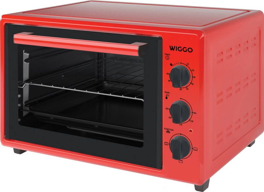 Wiggo WMO-E353(R) Vrijstaande Mini Oven 35 liter 1800 Watt Timer Rood Tijdelijk een gratis koksmes van Villeroy & Boch ter waarde van 44 95€ bijgeleverd!