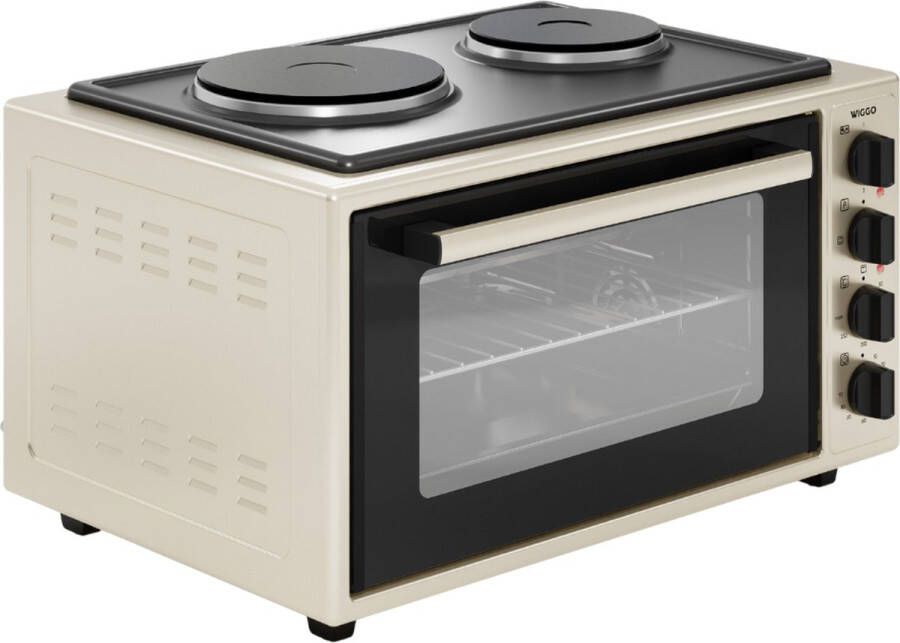 Wiggo WMO-E4562H(C) Vrijstaande Mini Oven met kookplaat Electrisch 60 CM 45 liter 2000 W 5 Jaar Garantie Creme