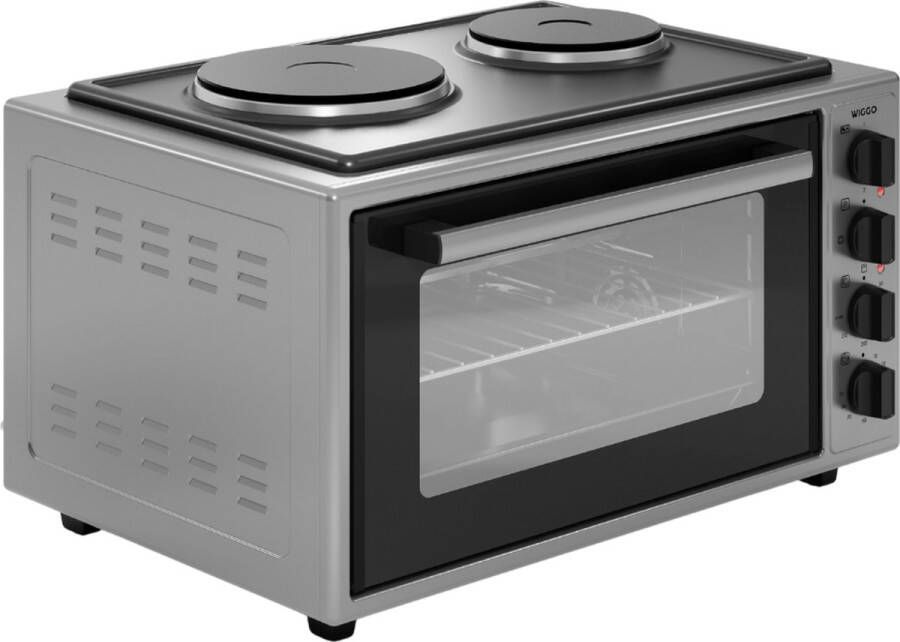 Wiggo WMO-E4562H(G) Vrijstaande Mini Oven met kookplaat Electrisch 60 CM 45 liter 2000 W 5 Jaar Garantie Roestvrijstaal