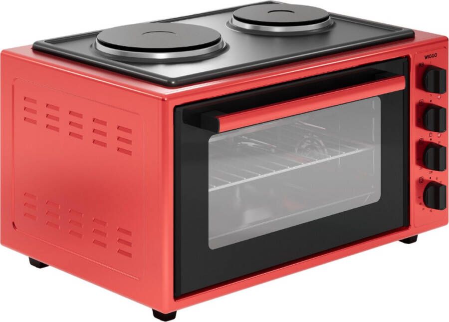 Wiggo WMO-E4562H(R) Vrijstaande Mini Oven met kookplaat Electrisch 60 CM 45 liter 2000 W 5 Jaar Garantie Rood