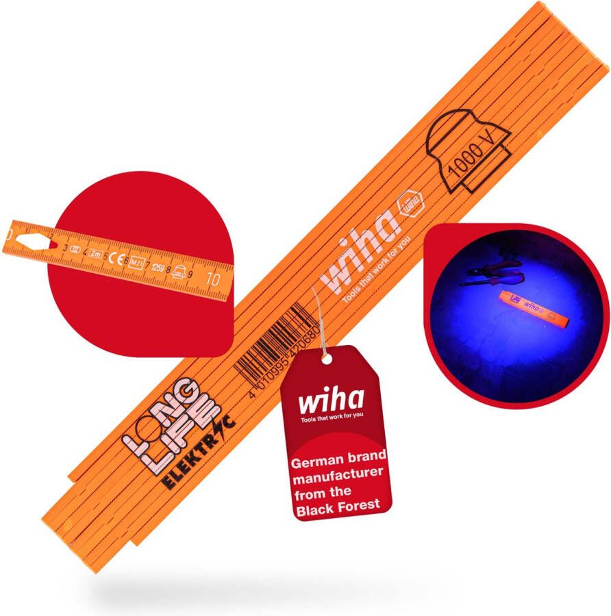 Wiha Duimstok longlife 410 2008 metrisch 10 delen oranje 15mm 2 meter 27058 1000V