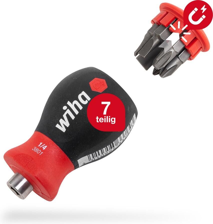 Wiha Schroevendraaier met bitmagazijn magnetisch sleufkop Philips met 6 bits Stubby 1 4 33736