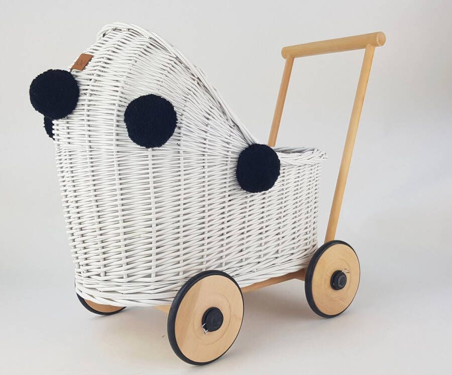 Wiklibox Rieten poppenwagen Wit-Zwart met houten onderstel + zwarte pompons