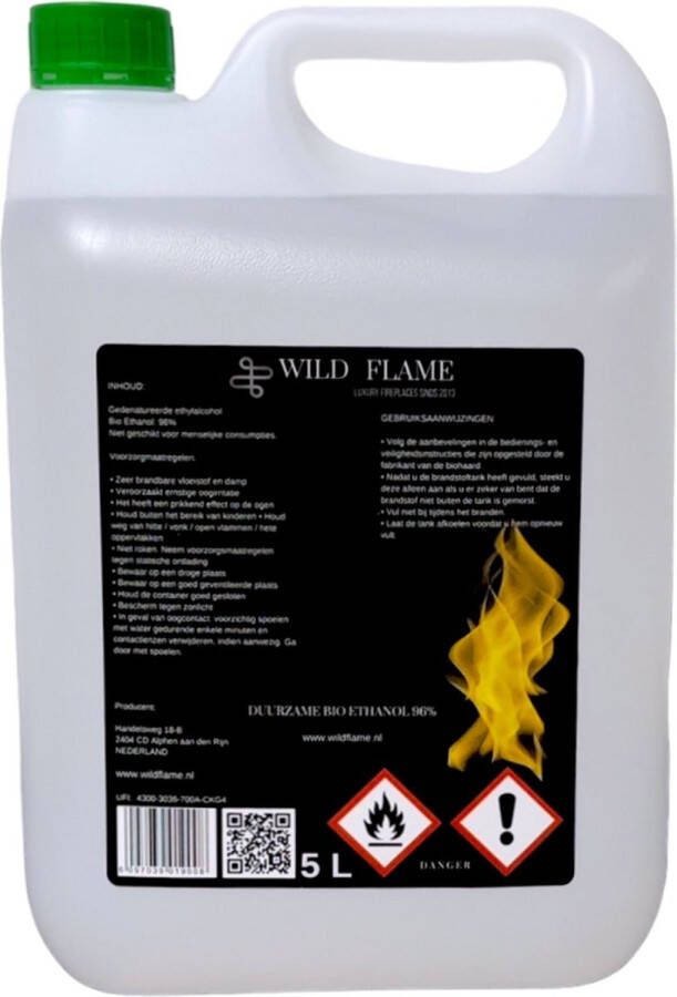 Wild Flame 96 % Duurzame Bio Ethanol Brandstof 5 Liter Jerrycan Biobrandstof voor Sfeerhaarden Duurzame Biologische Bio-ethanol Geurloos BIOETHANOLHAARDEN.COM Bio-Ethanol speciaal voor automatische bio ethanol branders!