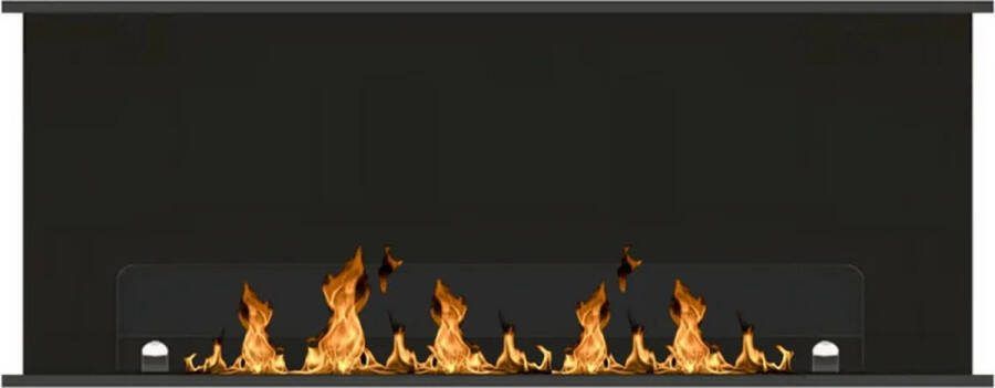 Wild Flame ULTRA bio ethanol driezijdig inbouwhaard 110 cm met beschermglas duurzame bio ethanol haard 3-zijdige sfeerhaard mat zwart 1100 x 450 x 250 mm inbouwhaard roomdivider bio ethanol openhaard ethanol kachelhaard biohaard inbouwhaard cinewall