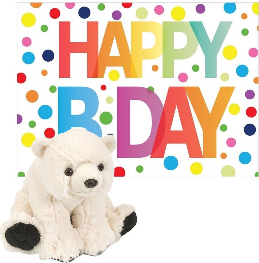 Wild Republic Pluche dieren knuffel ijsbeer 20 cm met Happy Birthday wenskaart Knuffelberen