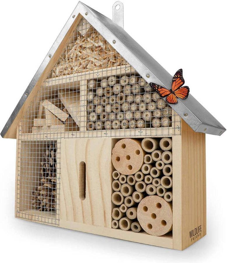 Wildlife friends Wildlife Friend Insectenhotel met zinken dak Onbehandeld Insectenhuis gemaakt van natuurlijk hout voor bijen lieveheersbeestjes gaasvliegen & vlinders Bijenhotel & nestelhulp voor opknoping