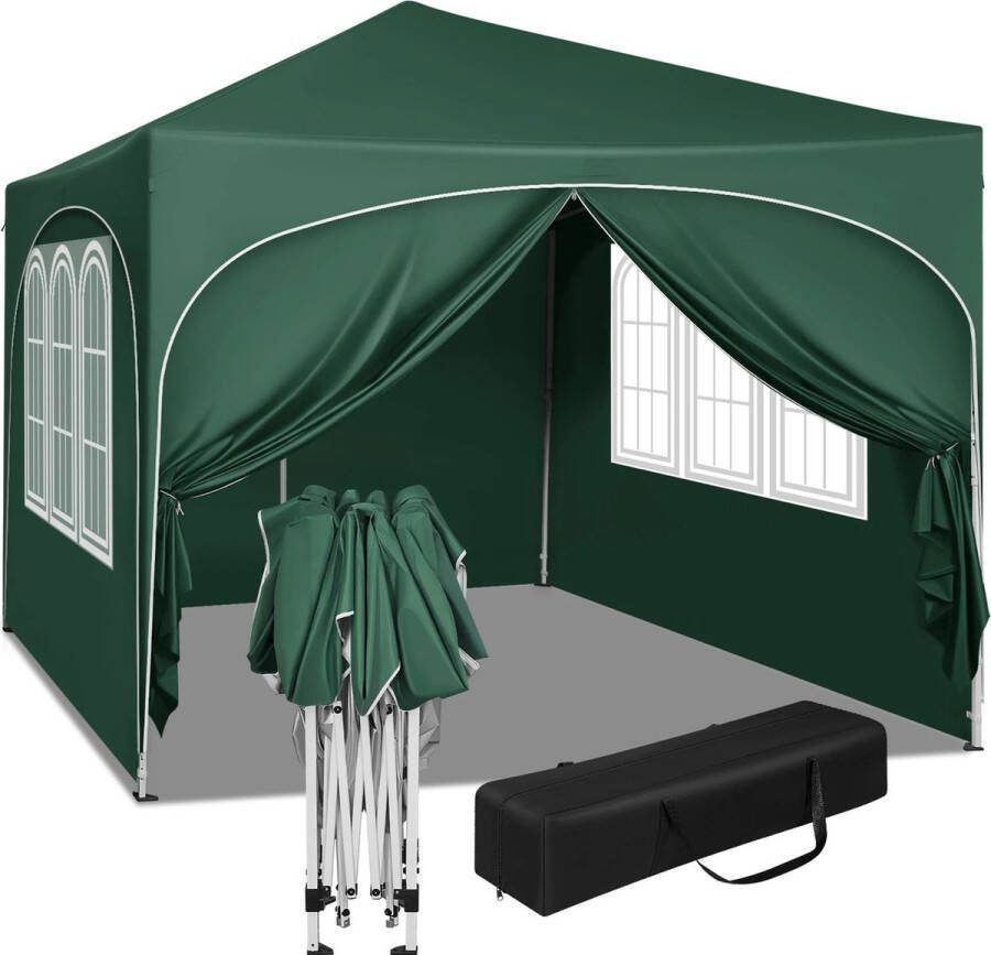 Wildor Partytent 3x3m Groen Partytenten opvouwbaar Paviljoen Party tent waterbestendig Metaal Easy-Up mechanisme 50+ UV beschermingsfactor Feesttent met afneembare 4 zijwanden