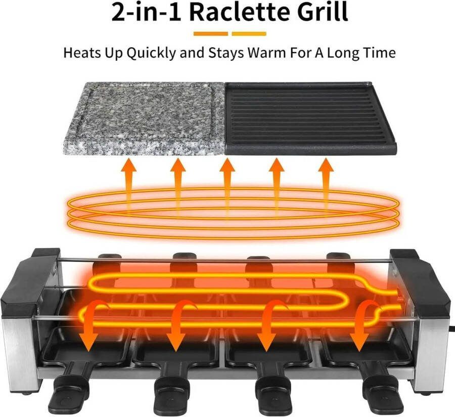 Wildor Tafelgrill Gourmetten BBQ Elektrisch Grillplaat Koolstofstaal Natuurlijke Steen 8 pannen 8 personen 1200W Thermostaat