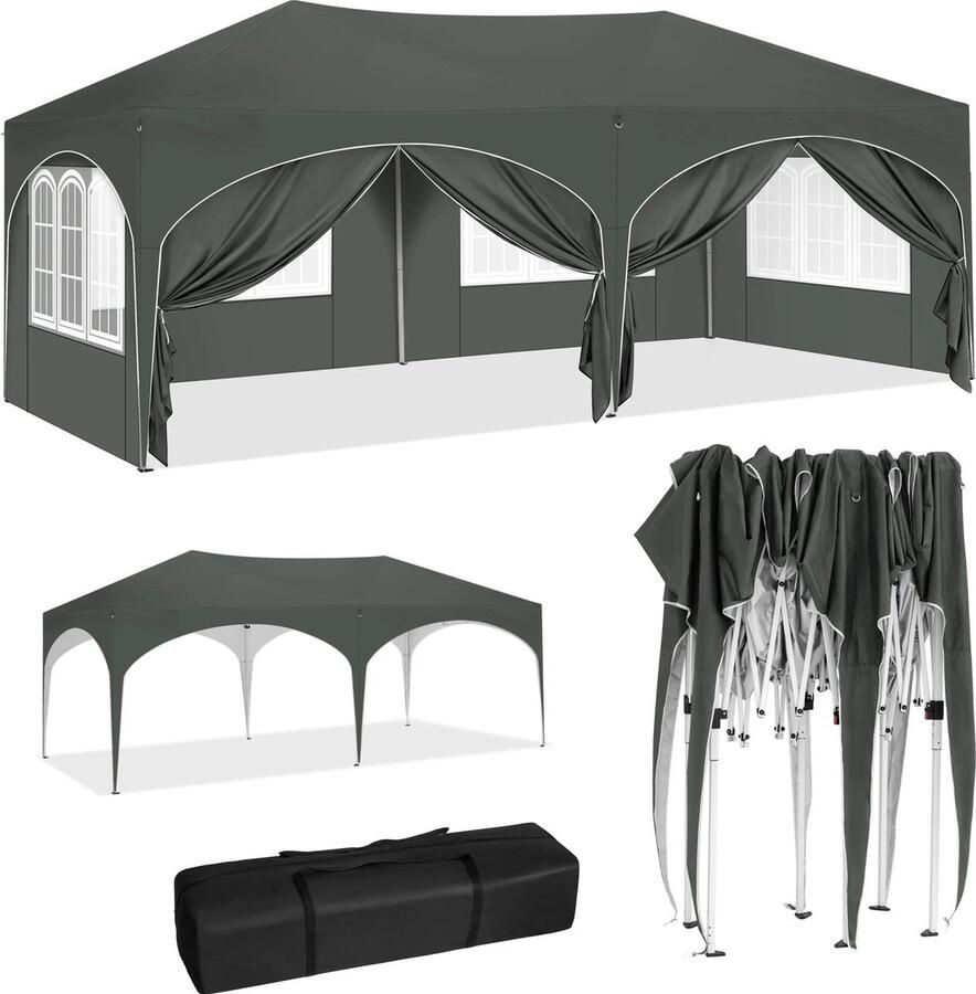 Wildor Partytent 3x6m Grijs Partytenten opvouwbaar Paviljoen Party tent waterbestendig Metaal Easy-Up mechanisme 50+ UV beschermingsfactor Feesttent met afneembare 6 zijwanden