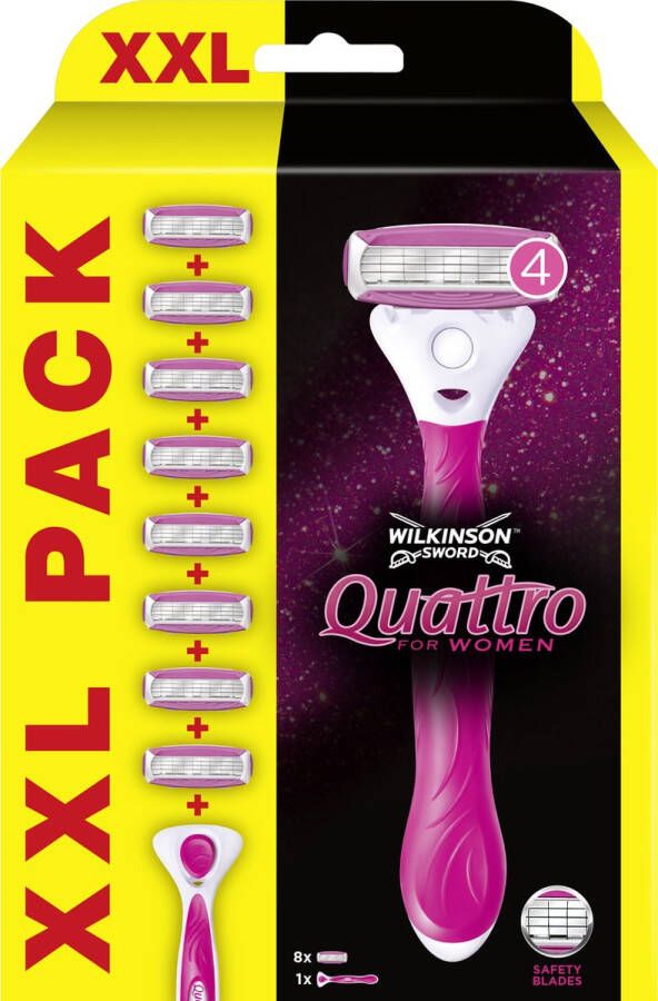 Wilkinson Sword Quattro for Women Scheermes Voordeelverpakking XXL Navulmesjes 8 stuks met Houder