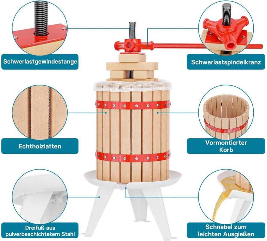 Wiltec Wildanger Technik GmbH Wijnpers Fruitpers 6 liter Schroefpers metal spindle incl. drukdoek. Druivenpers SapPers Slowjuicer MachPers Multistrobe