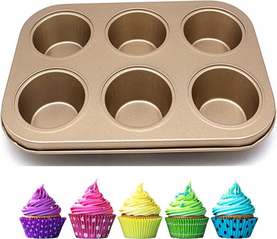 Winkrs Bakvorm voor 6 Muffins Goud Cupcakevorm Anti-aanbak Vorm voor Cakejes Bakspullen