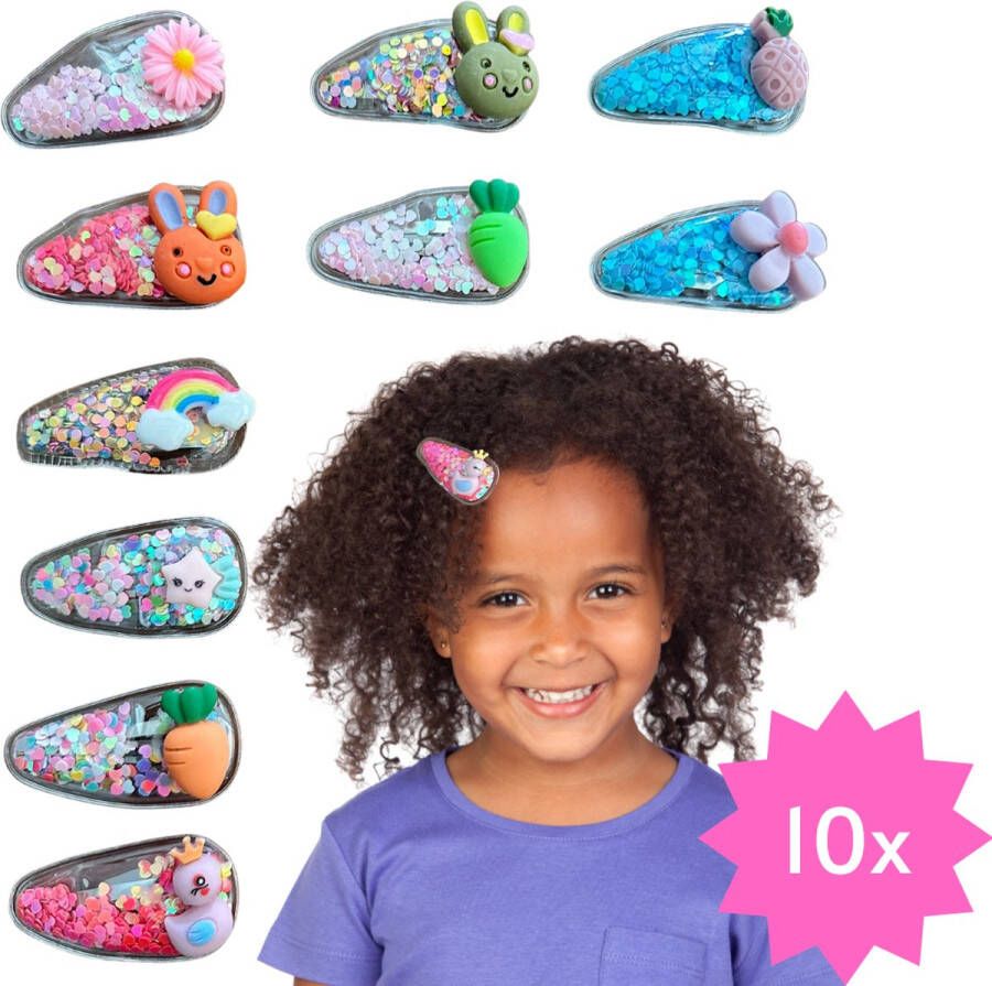 Winkrs Haarspeldjes voor meisjes 10 Haarclips met Glitter Bloemen Konijntjes Wortels en Ananas Set Haarspeldjes Kind