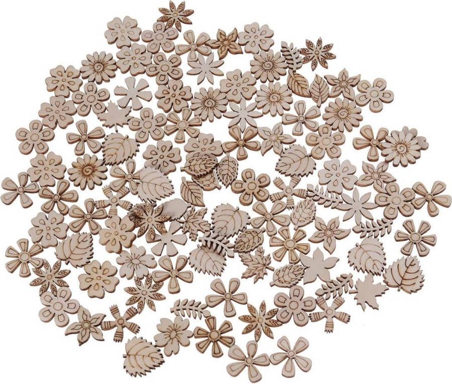 Winkrs Houten ornamenten 100 stuks Decoratieve houten Bloemetjes en Blaadjes knutselen 20 mm