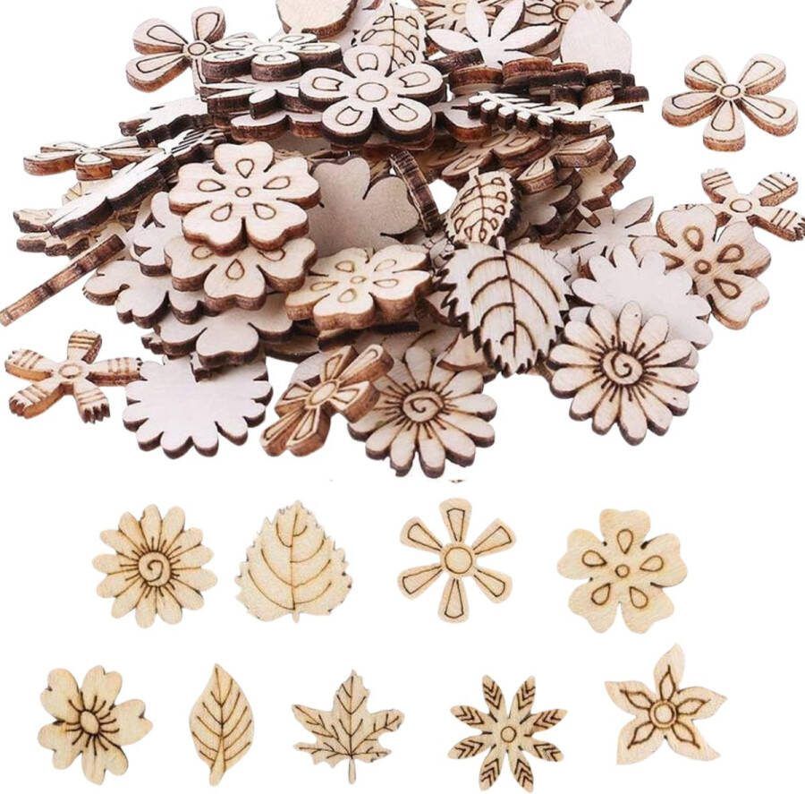 Winkrs Houten ornamenten 50 stuks Decoratieve houten Bloemetjes en Blaadjes 15 tot 25 mm