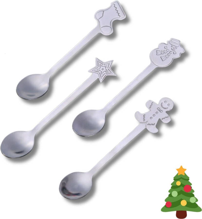 Winkrs Kerst Lepeltjes Set van 4 Koffielepels Theelepels RVS zilver Kerst bestek tafeldecoratie