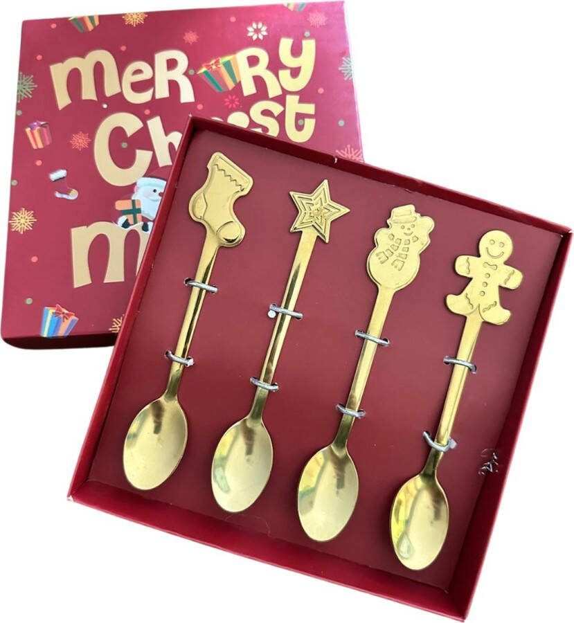 Winkrs Kerstbestek: Lepeltjes met Kerstdecoratie in geschenddoosje 13CM RVS Goud Koffielepel Theelepel Dessertlepel