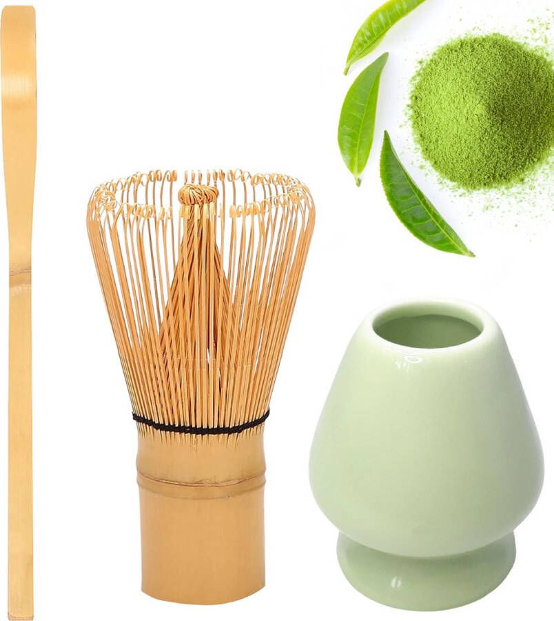 Winkrs Matcha Thee set met bamboe garde & theelepel met een groene houder van keramiek Matcha Klopper Whisk