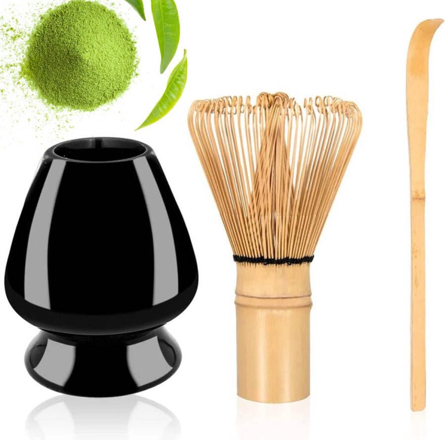 Winkrs Matcha Thee set met bamboe garde & theelepel met een zwarte houder van keramiek Matcha Klopper Whisk