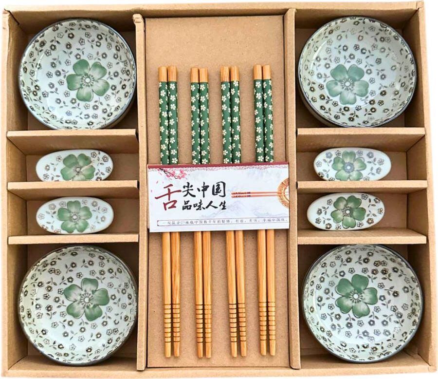 Winkrs Sushi Servies Set 4 persoons Sauskommetjes Eetstokjes & Opleggers Japans Handbeschilderd Keramiek Groen