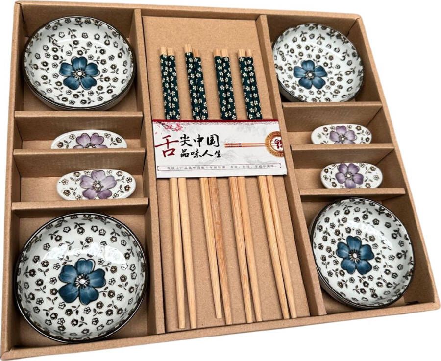 Winkrs Sushi set voor 4 personen Blauw & Paars Keramiek Japans servies; kommetjes bamboe eetstokjes en stokjeshouders