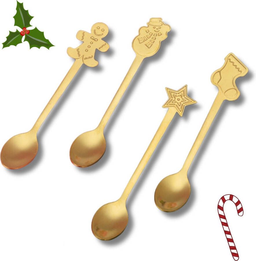 Winkrs Vrolijke Kerst Lepeltjes set 4x Theelepel Koffielepel met kerstfiguren RVS goud 17CM