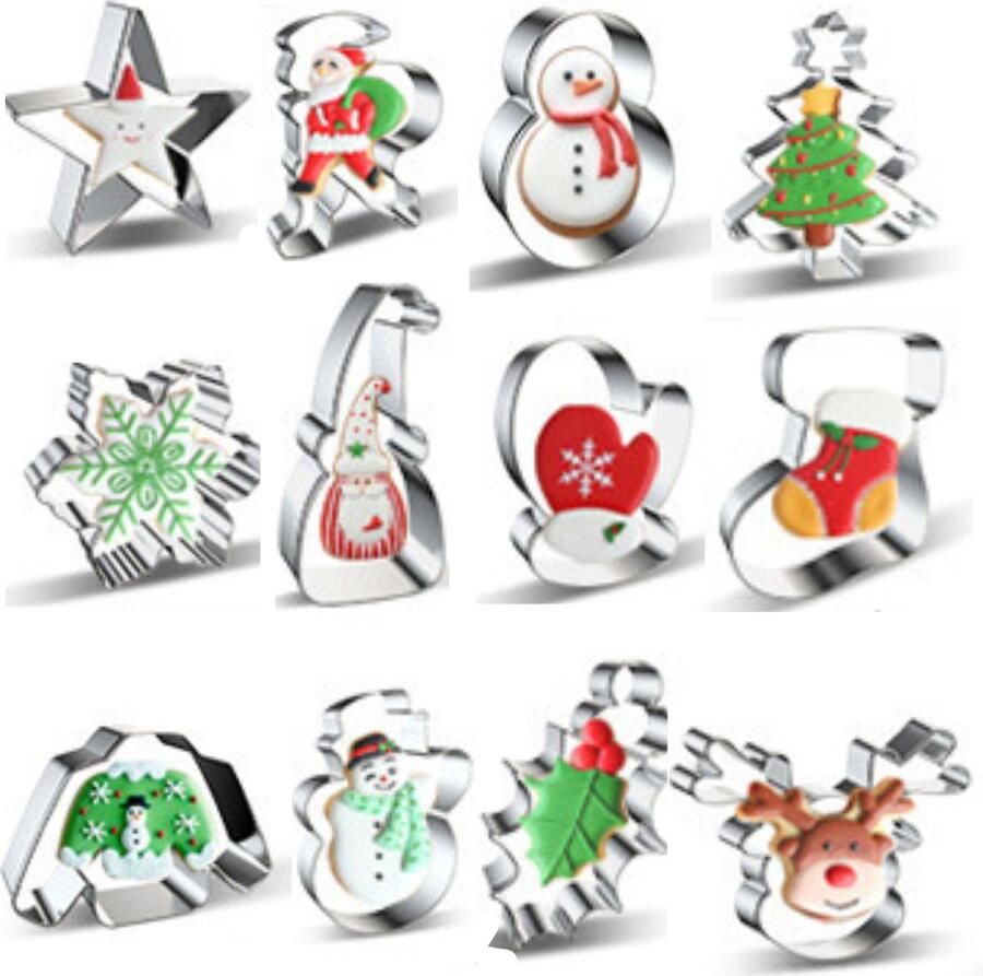 Winkrs Kerst Uitsteekvormpjes Set van 12 RVS Bakvormen Cookie Cutters Kerstkoekjes bakken Kerstboom Kerstman Ster Want etc