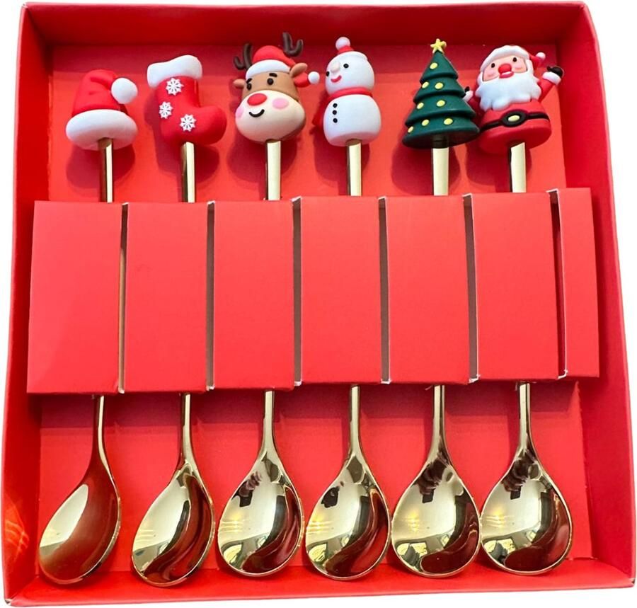 Winkrs Kerstbestek Set 6 Lepeltjes met Kerstdecoratie Dessertlepels met Kerstman Sneeuwpop Kerstboom etc. Kerstdiner bestek goud