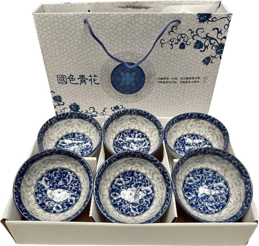 Winkrs Kommen set Chinees Keramiek Blauw 6 Kommetjes & 6 paar Eetstokjes Rijstkommen Sauskommen Aziatisch Servies