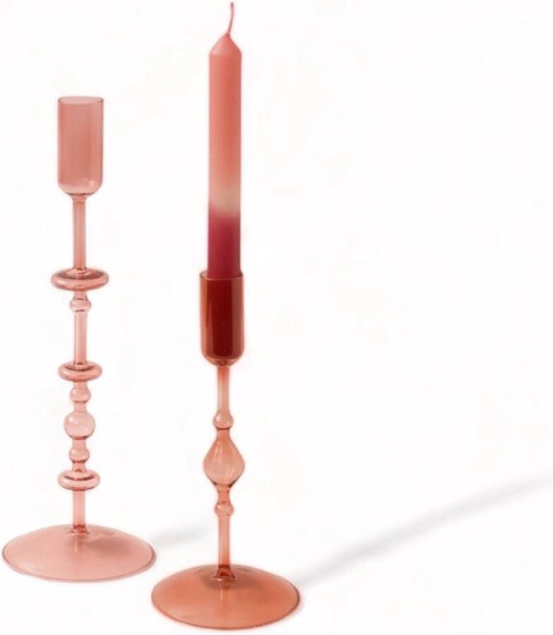 WinQ! Kandelaar glas 10x22cm en 10x29cm-Kaarsenhouder in Roze geschikt voor dinerkaars-woonkamer decoratie-cadeau