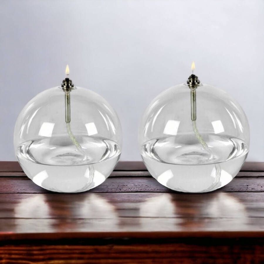 WinQ! Olielamp in bolvorm set van 2stuks van 10 en 12cm-helder glas-inclusief Lont-makkelijk hervulbaar-mooie warme sfeerverlichting