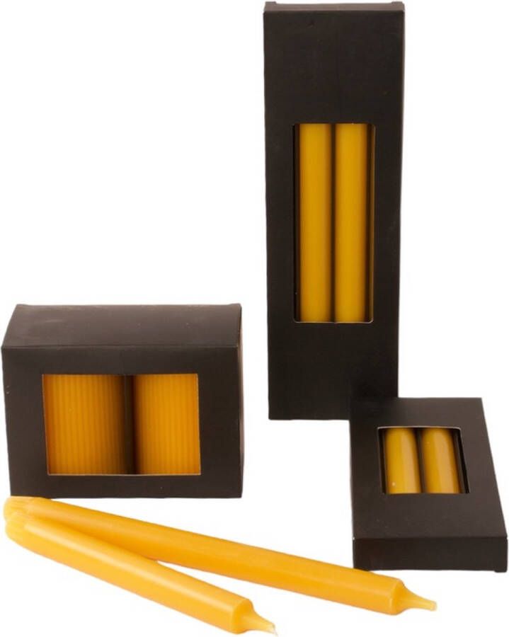 WinQ! -Set Kaarsen met 3 stuks verschillende verpakkingen kaarsen in de kleur Oker geel Stompkaars 7x10 cm dinerkaars 20 cm dinerkaars 29 cm