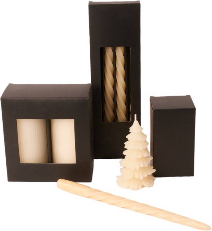 WinQ! Set van 3 verschillende soorten kaarsen in de kleur Off white dinerkaars ribbel stompkaars kerstboom kaars
