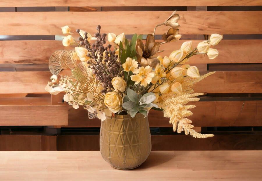 WinQ! WinQ -Gebonden Boeket zijden bloemen (zonder Vaas)- Kunstbloemen in een mooie Gele Goud Bruin kleur stelling
