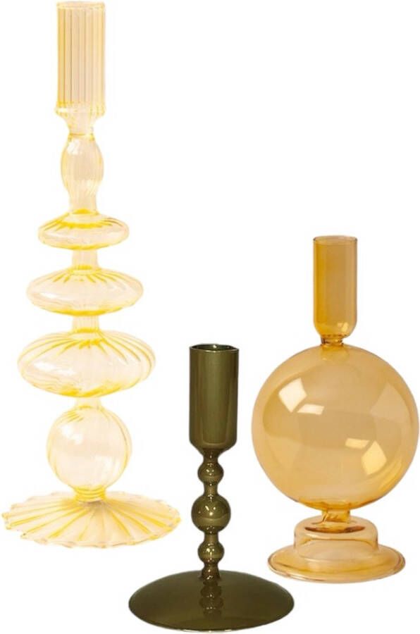 WinQ! WinQ Kleurige Glaskandelaren in een geel net goud Combinatie Kaarsenhouder glas Set bestaande uit 3 stuks – Decoratie woonkamer Dinerkaarsen en of Stompkaarsen