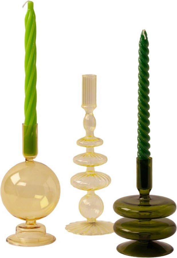 WinQ! WinQ Kleurige Glaskandelaren in een Geel Groen Combinatie. Kaarsenhouder glas Set bestaande uit 3 stuks – Decoratie woonkamer – geschikt voor Dinerkaarsen