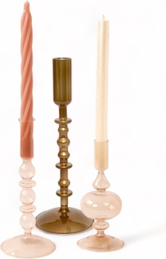 WinQ! WinQ Kleurige Glaskandelaren in een Koper combinatie Kaarsenhouder glas Set bestaande uit 3 stuks – Decoratie woonkamer Dinerkaarsen en of Stompkaarsen