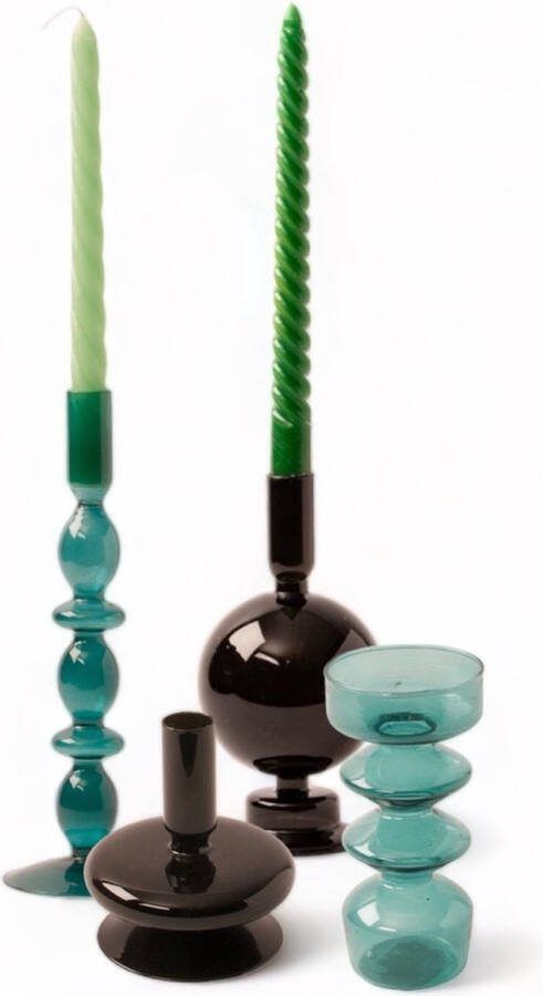 WinQ! WinQ Kleurige Glaskandelaren in een (zee) groen zwart Combinatie Kaarsenhouder glas Set bestaande uit 4 stuks – Decoratie woonkamer Dinerkaarsen en of Stompkaarsen