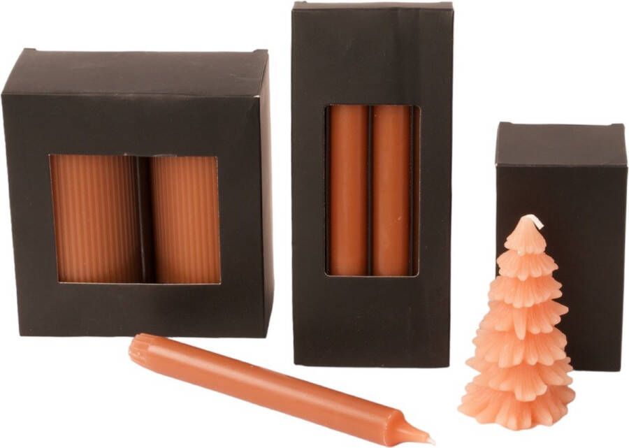 Winq !-Set Kaarsen met 3 stuks verpakkingen met verschillende kaarsen in de kleur terra Dinerkaars Stompkaars 7x15 cm Kerstboomkaars