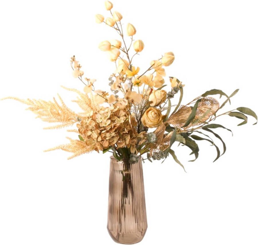 WinQ! WinQ -Veldboeket zijden bloemen compleet gebonden geleverd in Creme goud combinatie- kunstbloemen in een mooie kleuren – Veldboeket compleet met glasvaas