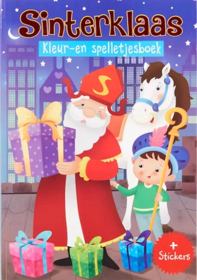 Wins Het Sinterklaas kleur- en spelletjesboek met stickers A4 Kleurboek Stickerboek Sint en Piet Stickervellen Schoencadeau
